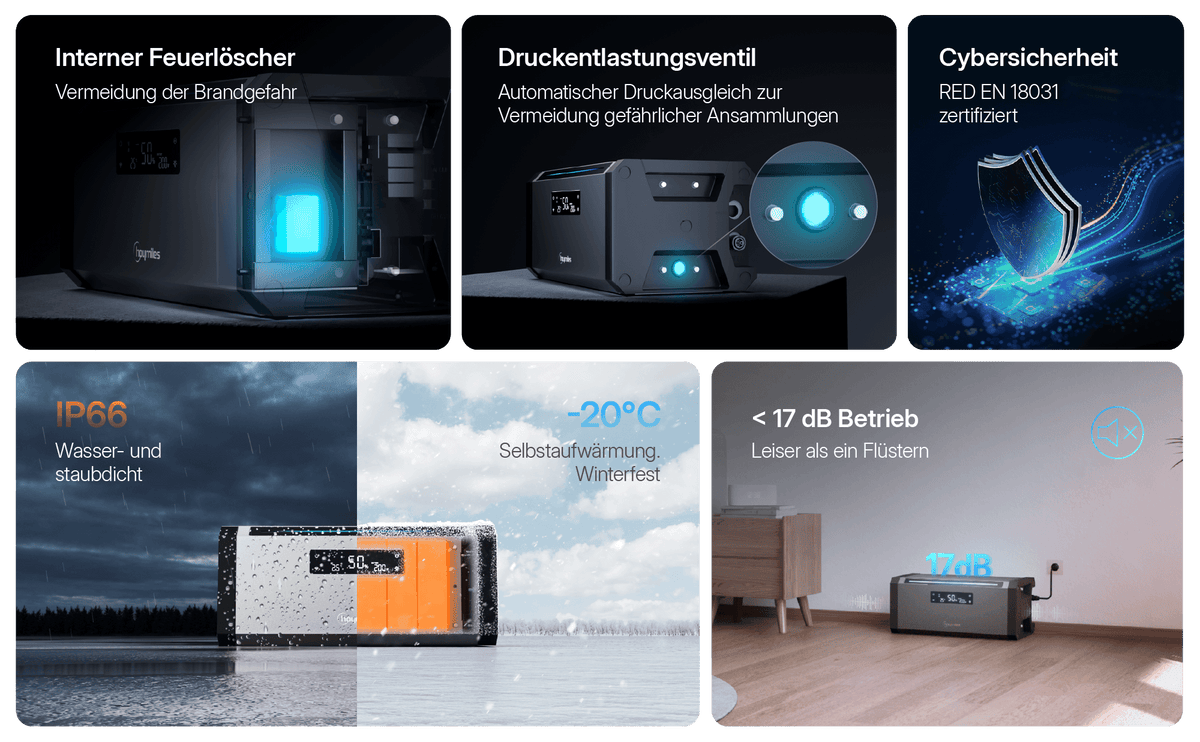 Infografik zu den Sicherheits- und Produkteigenschaften eines Stromspeichers (inkl. internem Feuerlöscher, Druckentlastungsventil, Cybersicherheit, IP66-Schutz, -20°C Selbstaufwärmung und leisem Betrieb mit unter 17 dB)