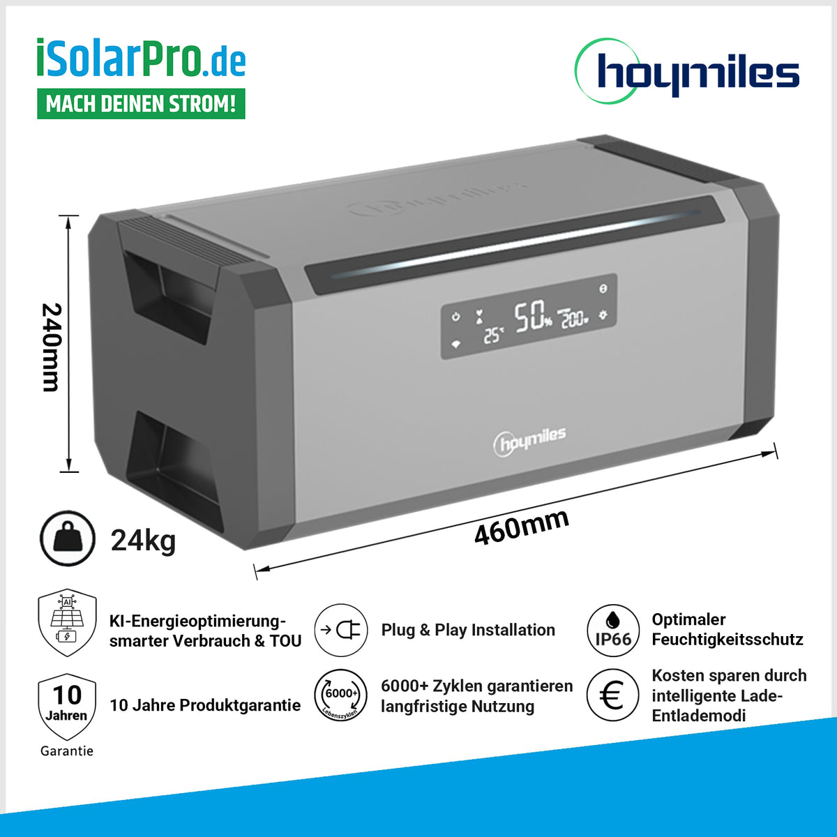 isularpro.com Hoymiles HiBattery 1,92kWh AC-Balkonbatterie mit Maßen (240mm x 460mm), 24kg Gewicht und Icons für Features wie IP66 und 10 Jahre Garantie