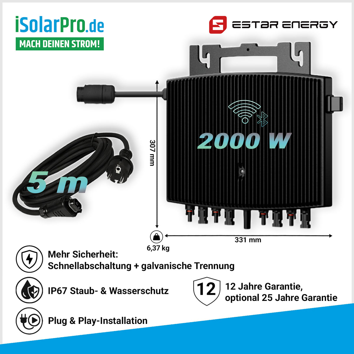 iSolarPro Estar Energy 2000W Mikrowechselrichter mit 5m Anschlusskabel