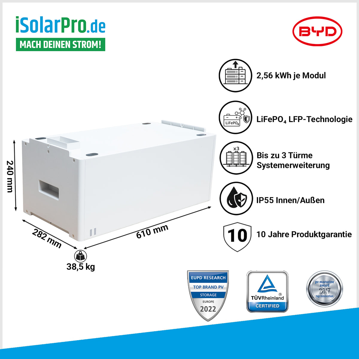 2,56 kWh BYD Battery-Box HVS+ Batteriemodul 102,4 V LiFePO4 IP55 Hochvolt