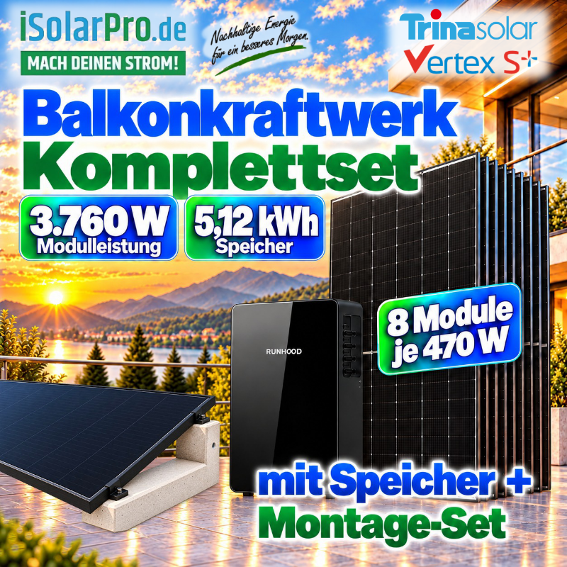 800W | 3.76kWp Steckerfertiges RUNHOOD Balkonkraftwerk-Komplettset mit 5,12 kWh Speicher | 8x Trina 470W | HUXPOWER® Flachdachmontage | komplett inkl. Zubehör