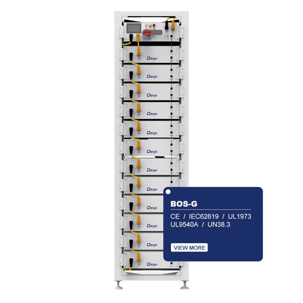 isularpro.comye BOS Hochvolt-Batterieturm mit Zertifizierungsdetails in Perspektive für Photovoltaik-Systeme