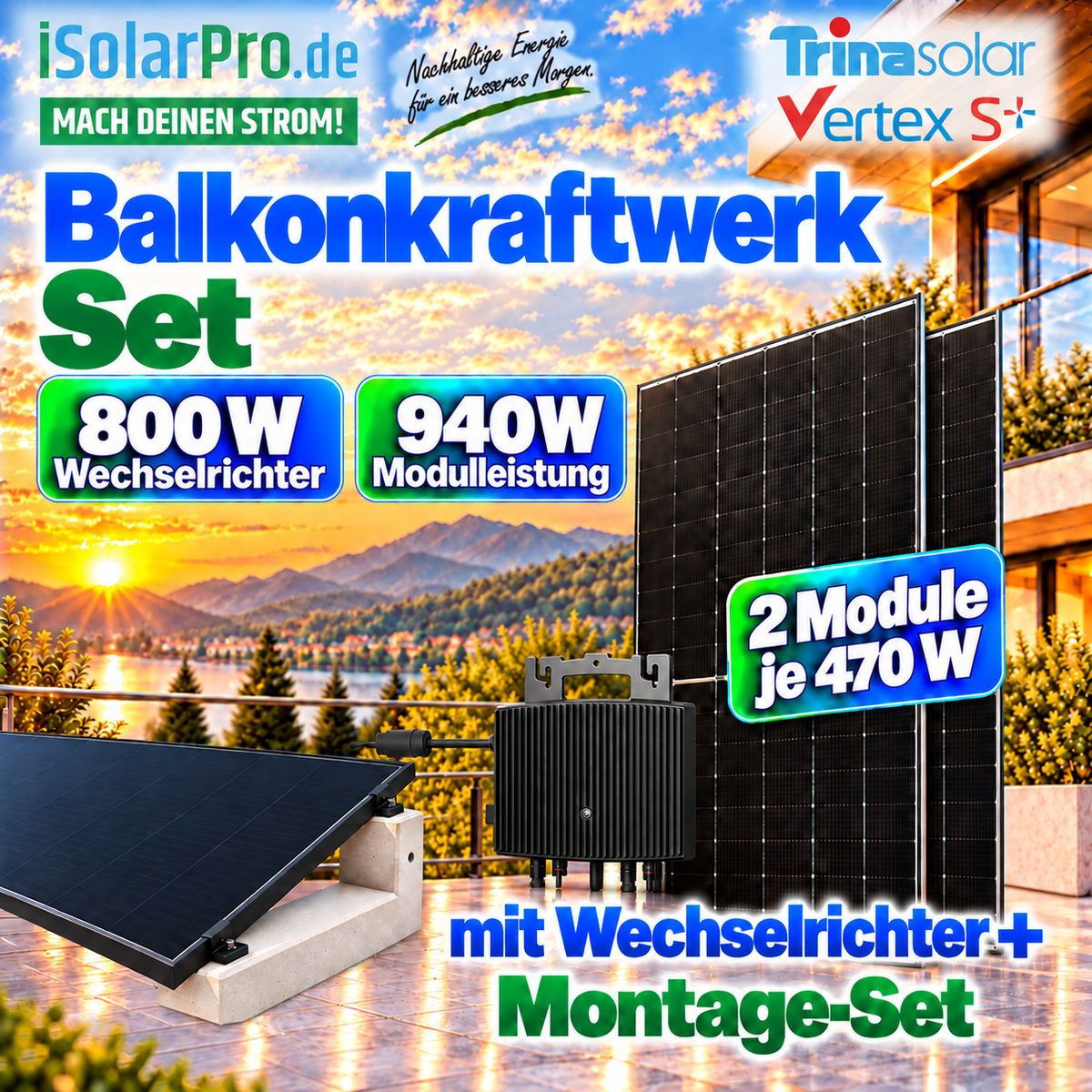 iSolarPro Balkonkraftwerk Set mit zwei Modulen 800W Wechselrichter 940W Modulleistung Marketing-Banner für Photovoltaik-Systeme