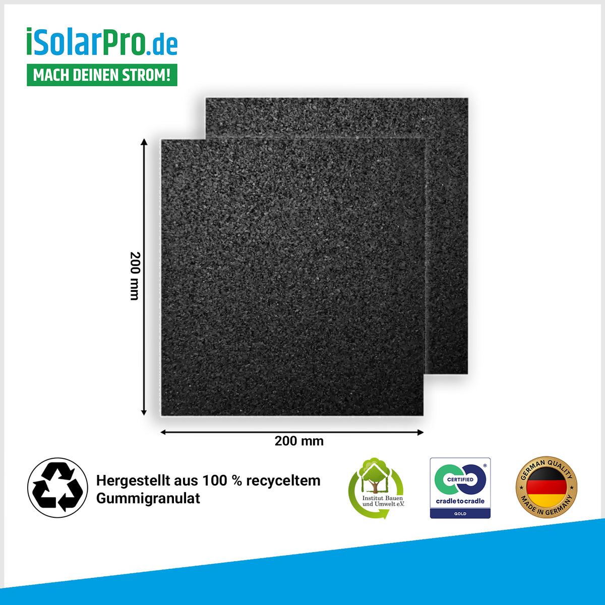 iSolarPro Bautenschutzmatten aus Gummigranulat 200x200mm Maße und Produktdetails Marketing-Banner für Photovoltaik-Systeme