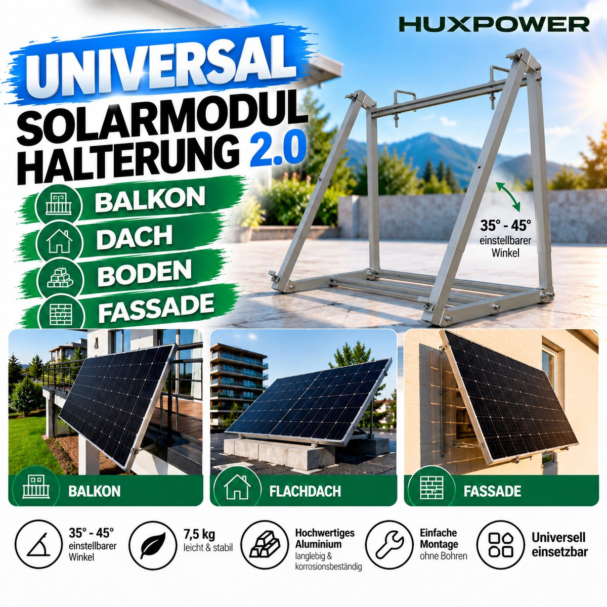 iSolarPro Huxpower Universal Solarmodul Halterung 2.0 Balkon Dach Boden Fassade Marketing-Banner für Photovoltaik-Systeme