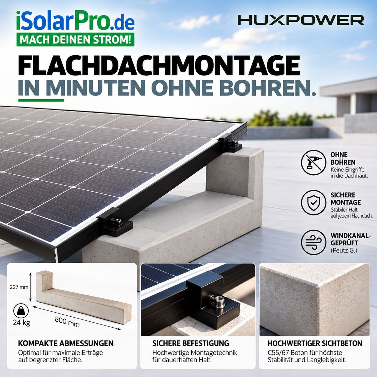 iSolarPro Huxpower Flachdachmontage Beton-Aufstaenderung ohne Bohren Marketing-Banner für Photovoltaik-Systeme