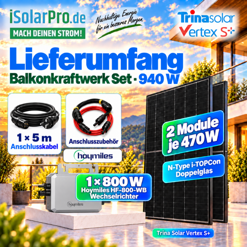 800W | 940Wp Balkonkraftwerk-Set: 2x 470W Trina Vertex S+ Solarmodul + 1x Hoymiles HF-800-WB Mikro Wechselrichter inkl. 5m AC-Kabel + 1x 2m MC-4 Verlängerungsset