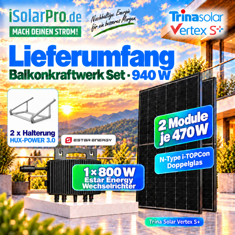 800W | 940Wp Balkonkraftwerk-Set steckerfertig: 2x 470W Trina Vertex S+ TSM-470NEG9R.28 + 1x ESTAR ENERGY ES-800-W Mikro Wechselrichter + HUXPOWER® 3.0 Balkonkraftwerk universal Solarmodul-Halterung