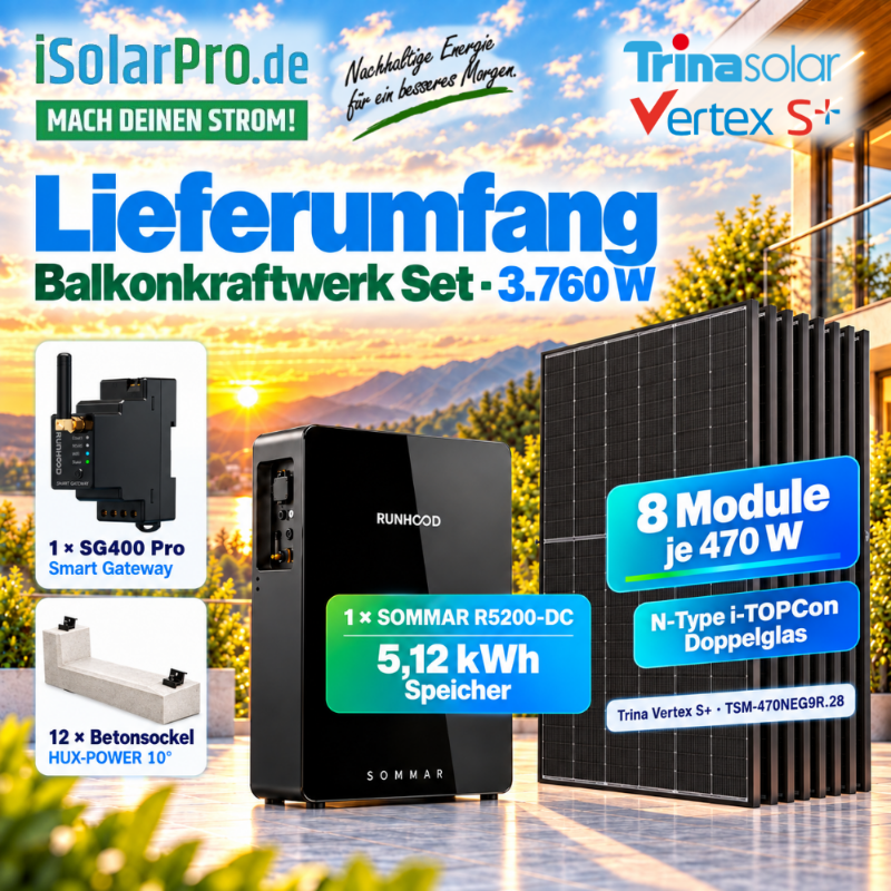 800W | 3.76kWp Steckerfertiges RUNHOOD Balkonkraftwerk-Komplettset mit 5,12 kWh Speicher | 8x Trina 470W | HUXPOWER® Flachdachmontage | komplett inkl. Zubehör