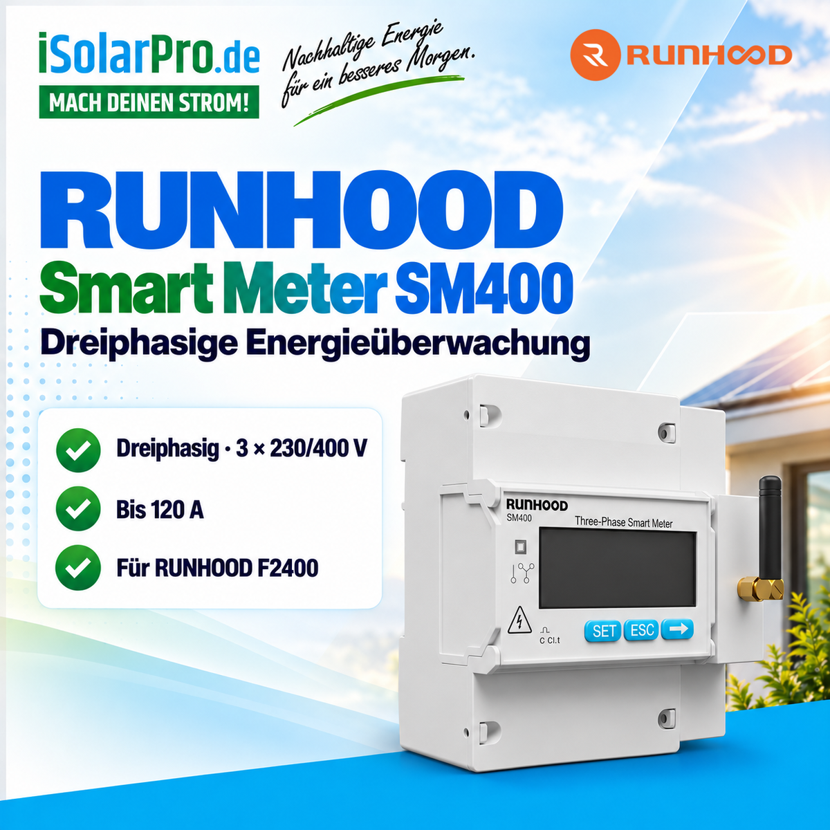 iSolarPro Runhood Smart Meter SM400 präzise und schnelle Messung Marketing-Banner für Photovoltaik-Systeme