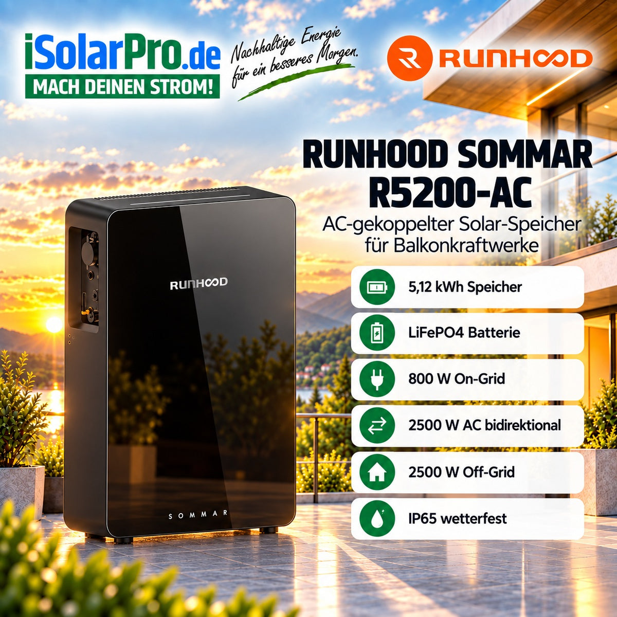 5,12 kWh Runhood SOMMAR R5200-AC Balkonkraftwerk Solar-Speicher