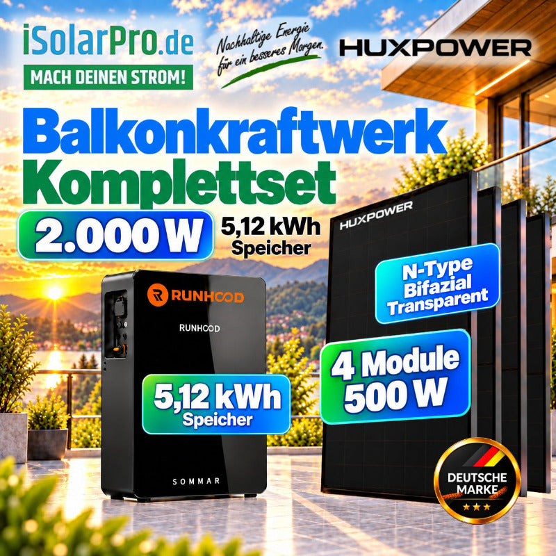 800W (2500W) | 2000Wp | 5,12kWh RUNHOOD SOMMAR R5200 Balkonkraftwerk-Set: 4× 500W HUXPOWER® HPTB500 + Solar-Speicher + Smart Meter