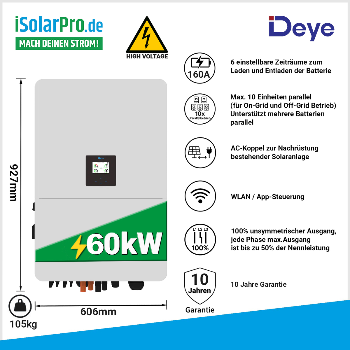 Deye SUN-60K Hybrid-Wechselrichter 60kW Technische Daten und Maße Infografik