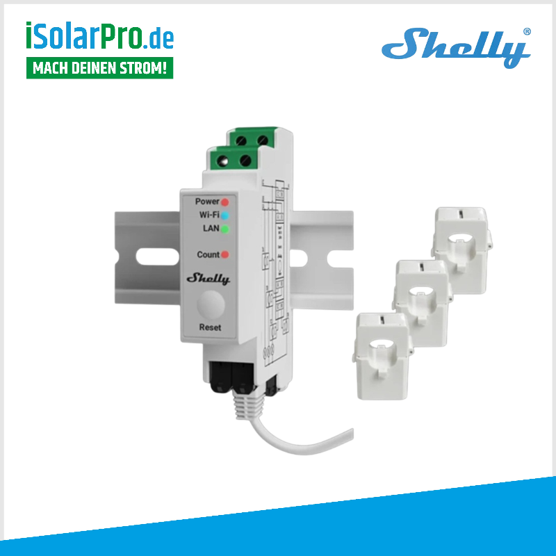 iSolarPro Produktbanner mit Shelly Pro 3EM 3-Phasen-Energiezähler und drei Stromwandlern für präzise Energiemessung und Monitoring