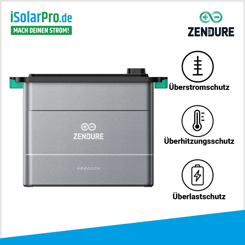 isularpro.com ZENDURE SolarFlow AB2000X erweiterbare Hochleistungsbatterie mit Sicherheits-Icons für Überstromschutz, Überhitzungsschutz und Überlastschutz