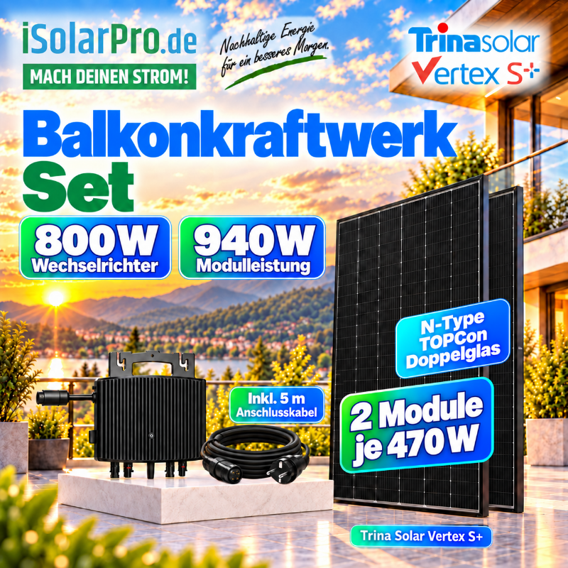800W | 940Wp Balkonkraftwerk - Set | 2x 470W Trina Vertex S+ TSM-470NEG9R.28 + 800W ESTAR ENERGY ES-800-W Mikro Wechselrichter
