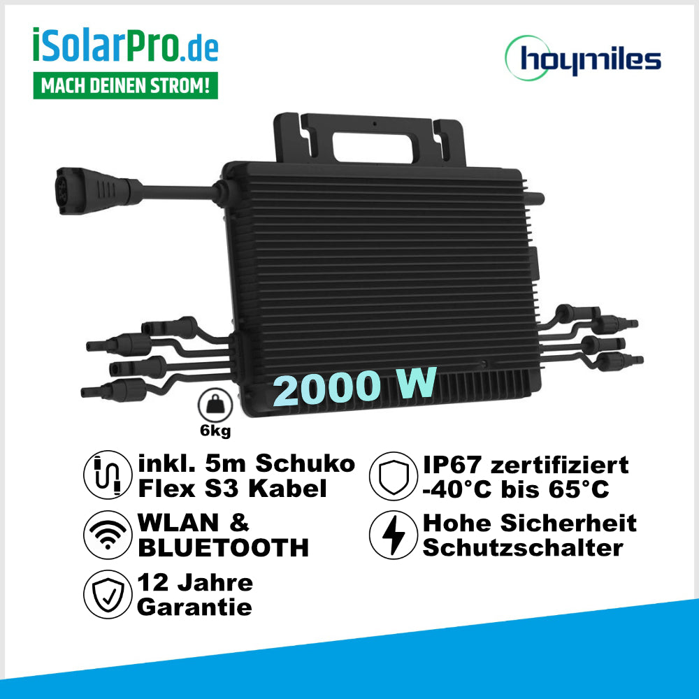 iSolarPro Hoymiles HMS-2000W 4T Mikrowechselrichter mit WLAN, Bluetooth und 5m Schuko Flex S3 Kabel