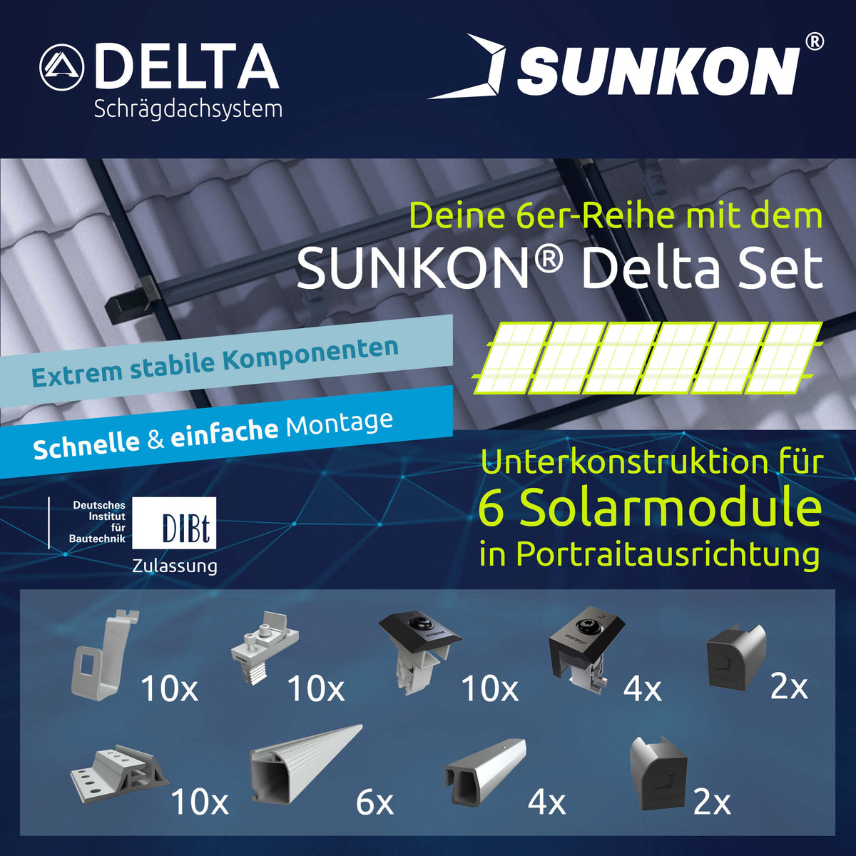SUNKON Unterkonstruktion KOMPLETTSET für 6x PV-Module in Reihe Hochkant Ziegeldach
