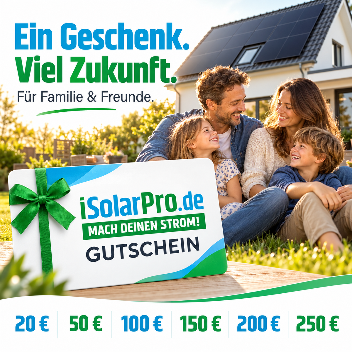 iSolarPro Geschenkkarte Gutschein mit Werten von 20 bis 250 Euro für Familie und Freunde Marketing-Banner für Photovoltaik-Systeme