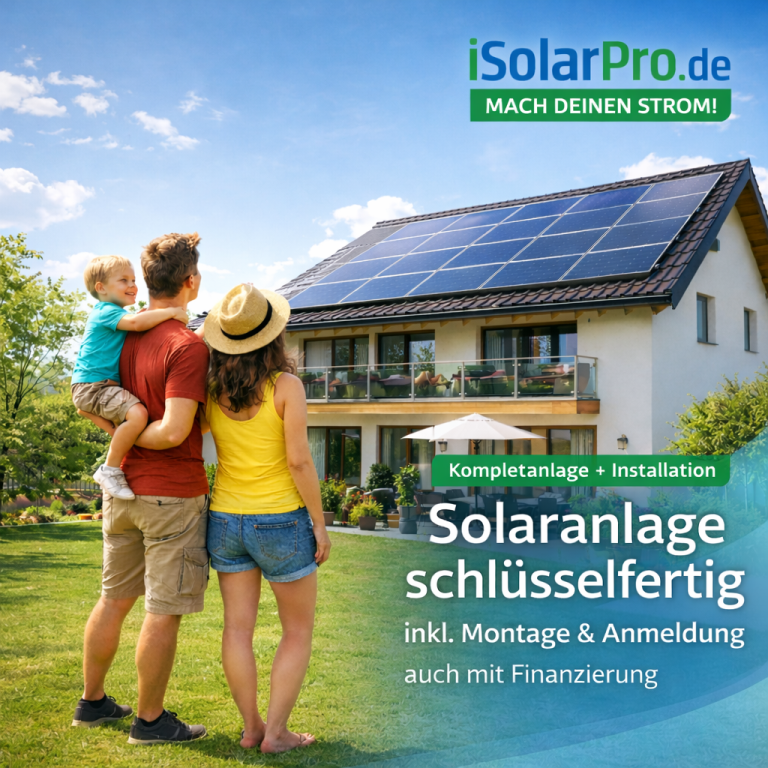 Familie (Mutter, Vater und Kind) schaut im Garten auf ihr Einfamilienhaus mit installierter iSolarPro Photovoltaikanlage auf dem Dach