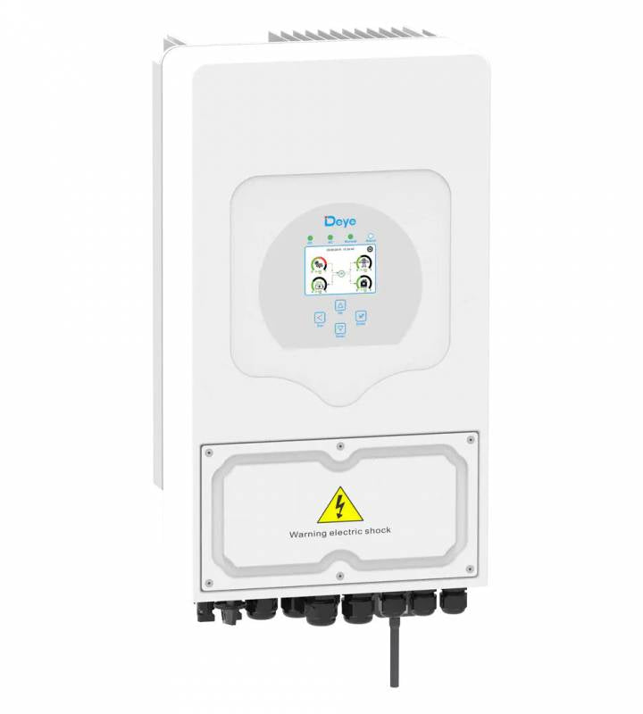isularpro.comye Wechselrichter Frontansicht mit Display und Warnsymbol für Photovoltaik-Systeme