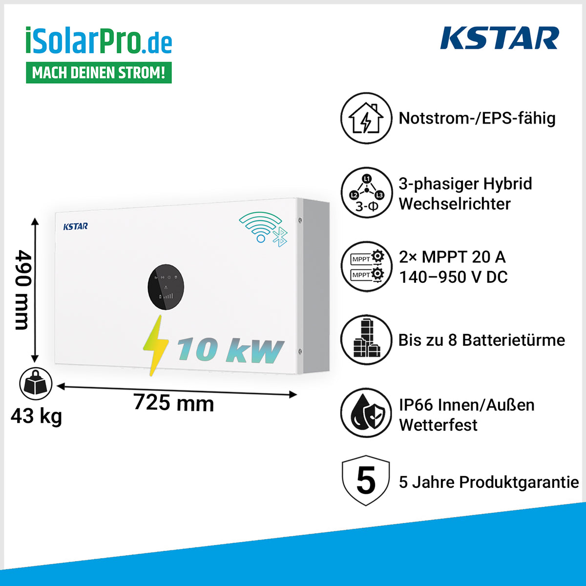 10 kW KSTAR BlueSpark E10KT-D22 Hybrid Wechselrichter – 3-phasig IP66 ESS D22 Serie
