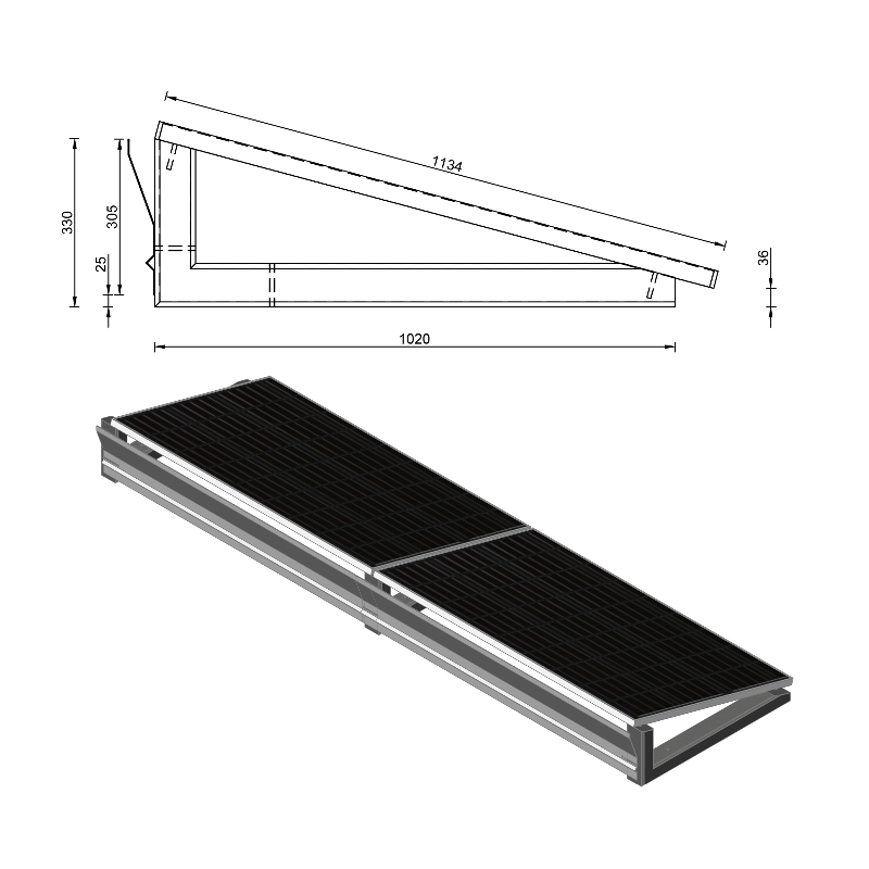 iSolarPro 15 Grad Montagesystem-Paar mit Windabweiser und technischen Maßen im Schema und 3D-Ansicht für die Solarmontage