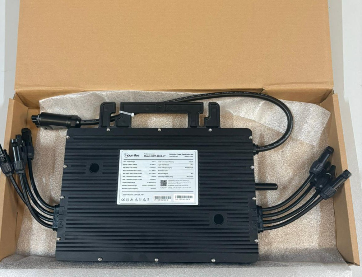 Hoymiles Mikro-Wechselrichter in Verpackung mit integrierten Anschlusskabeln