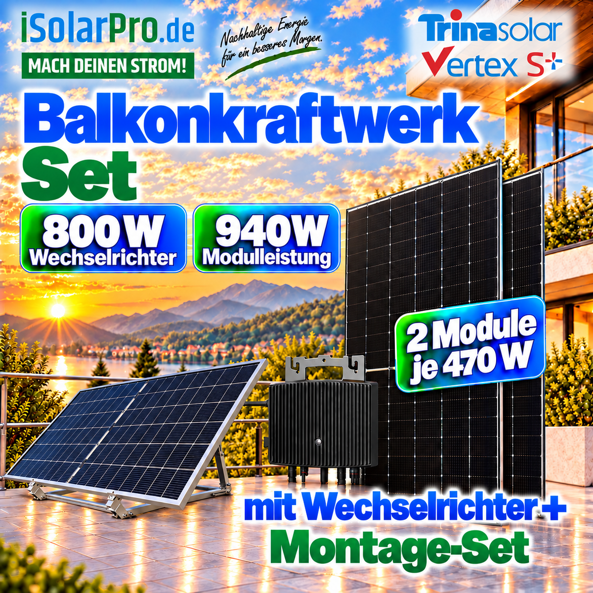iSolarPro Balkonkraftwerk Set 800W Wechselrichter 940W Modulleistung mit Trinasolar Vertex S+ Solarmodulen und Montage-Set Marketing-Banner für Photovoltaik-Systeme