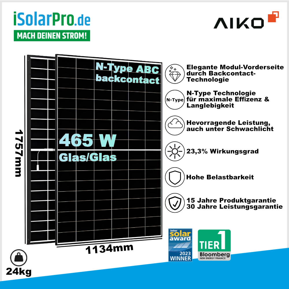 iSolarPro AIKO 465W Glas/Glas N-Type ABC Backcontact Solarmodul
