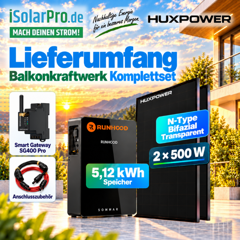 800W (2500W) | 1000Wp | 5,12kWh RUNHOOD SOMMAR R5200 Balkonkraftwerk-Set: 2× 500W HUXPOWER® HPTB500 + Solar-Speicher + Smart Meter