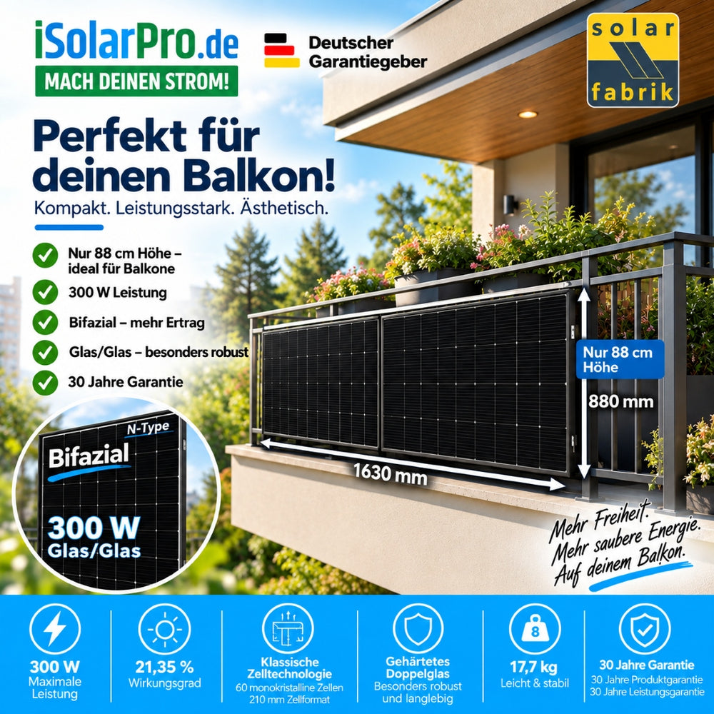 300W Solar Fabrik Mono S5 Triplecut · N-Type TOPCon · bifazial · Glas/Glas · 1500 V · 1630x880x30 mm Solarpanel Solarmodul Photovoltaik