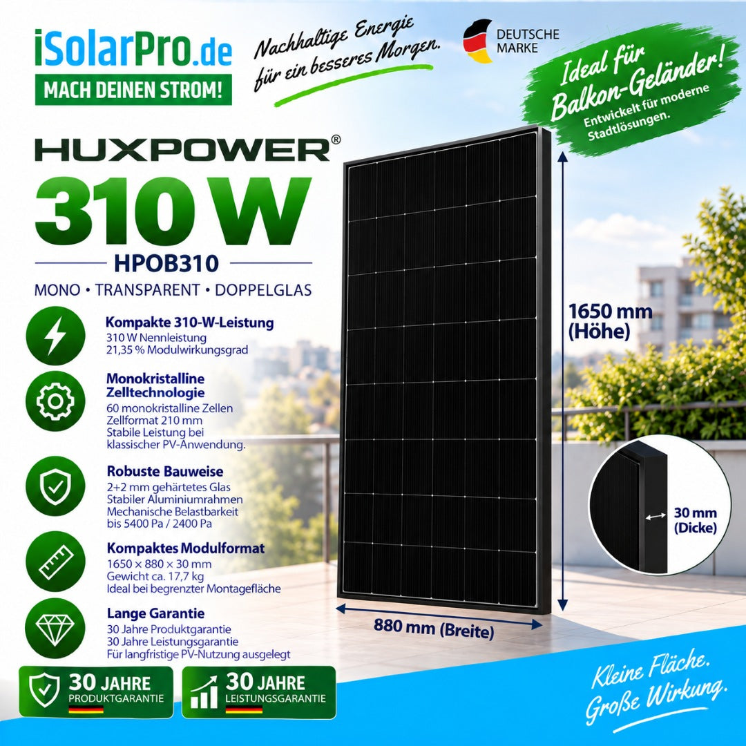 iSolarPro HUXPOWER 310W HPOB310 Transparent Doppelglas Solarmodul für Balkongeländer