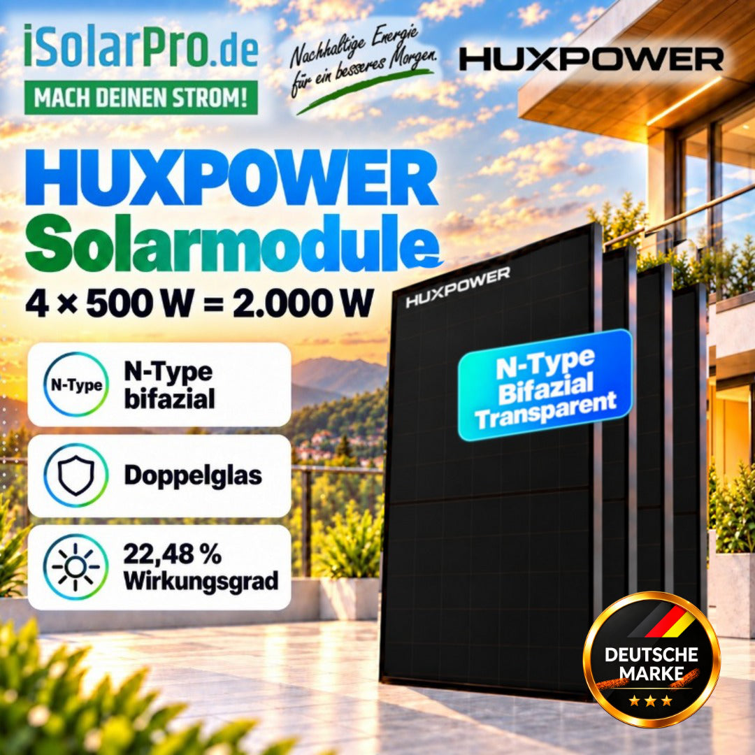 iSolarPro Huxpower Solarmodule 4x 500W = 2000W N-Type Bifazial Doppelglas Marketing-Banner für Photovoltaik-Systeme