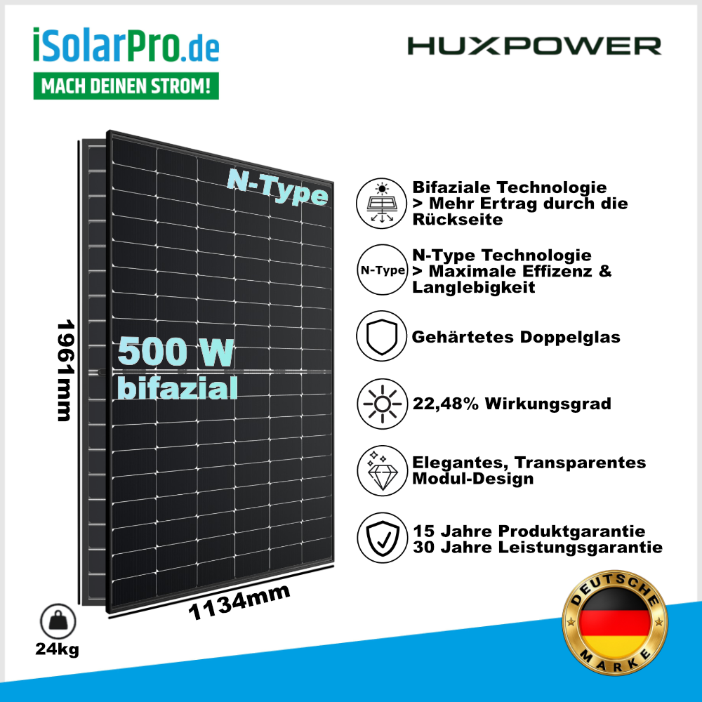 500W HUXPOWER® HPTB500 – Bifaziales N-Type Solarmodul · Transparent Doppelglas.