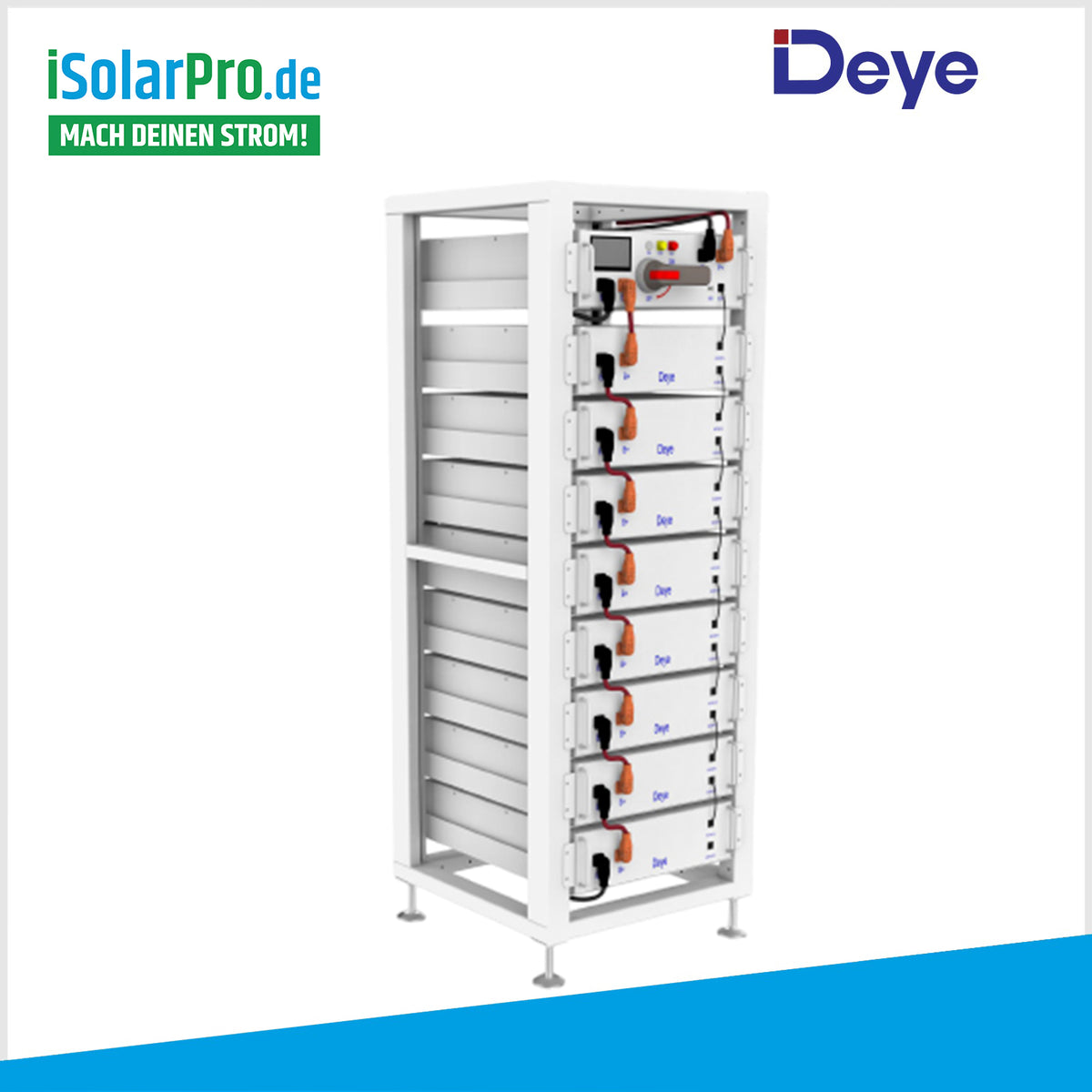 Deye Hochvoltspeicher Racksystem mit gestapelten Batteriemodulen und iSolarPro Branding für professionelle Photovoltaik-Speicherlösungen[cite: 16]