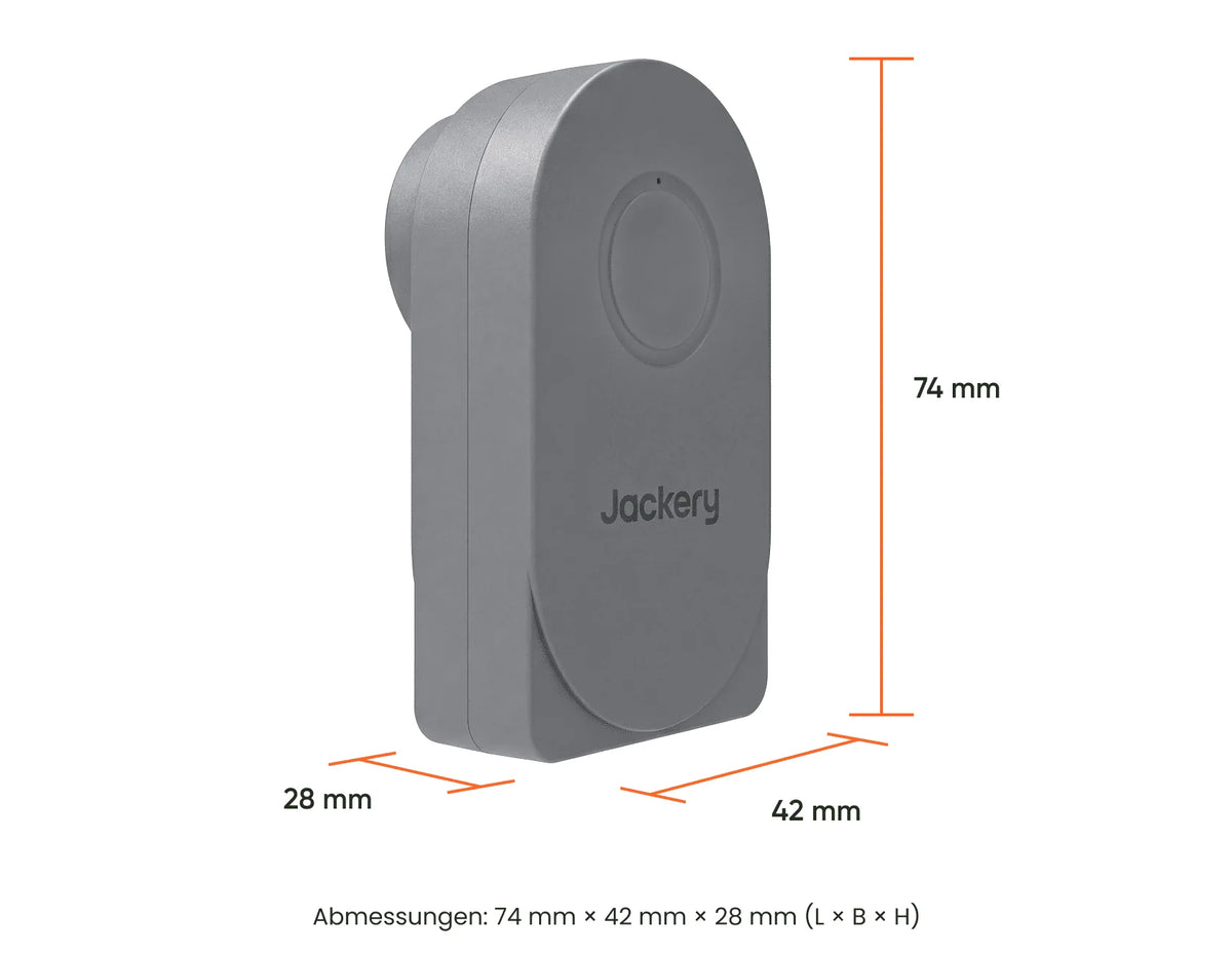 Jackery Smart Plug Steckdose Maße und technische Daten Infografik (74 x 42 x 28 mm)