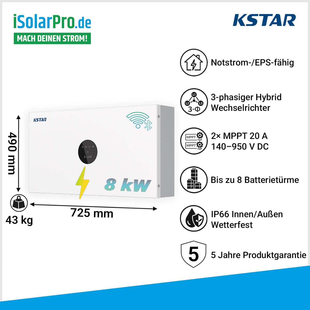 8 kW KSTAR BlueSpark E8KT-D22 Hybrid Wechselrichter – 3-phasig IP66 ESS D22 Serie