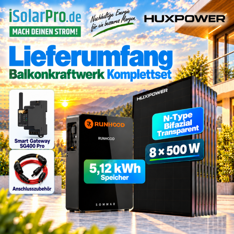 800W (2500W) | 4000Wp | 5,12kWh RUNHOOD SOMMAR R5200 Balkonkraftwerk-Speicher-Set: 8× 500W HUXPOWER® HPTB500 + Smart Meter + PV-Anschlusszubehör
