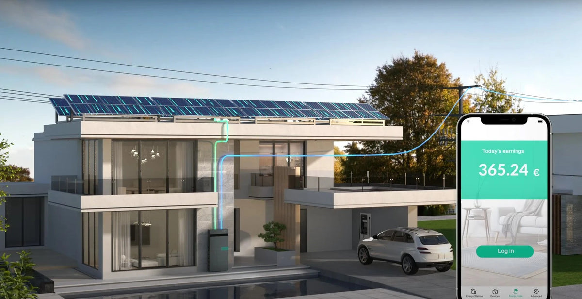 iSolarPro Haus mit Photovoltaikanlage und Smartphone App-Ansicht für Photovoltaik-Systeme