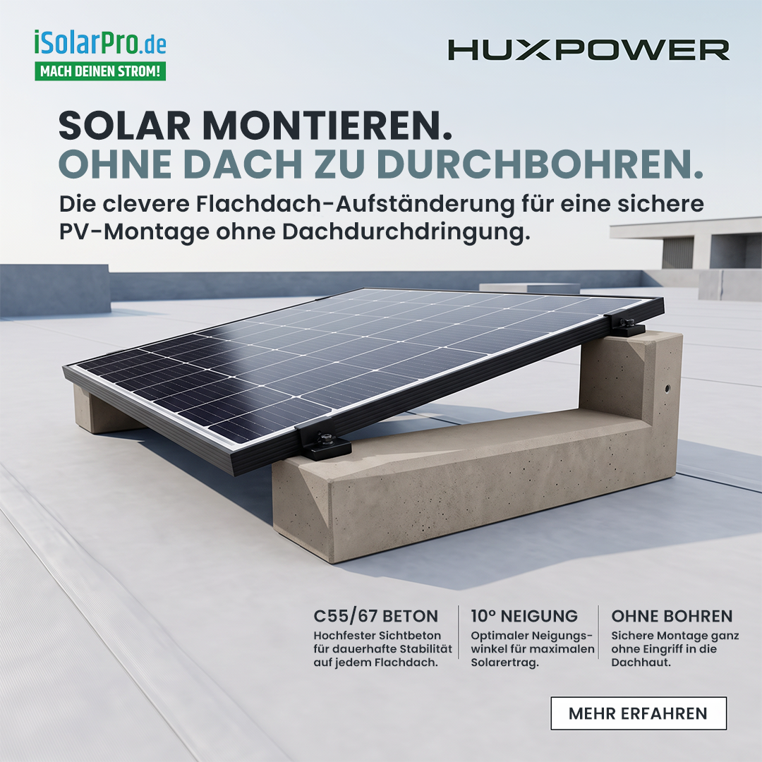 iSolarPro HUXPOWER Flachdach-Aufständerung 10° Neigung mit C55/67 Beton ohne Dachdurchdringung