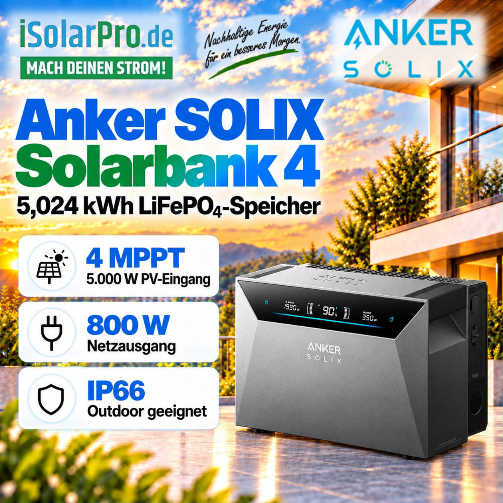 800W | 2000Wp | 5kWh ANKER SOLIX 4 Erweiterbares Balkonkraftwerk-Set: 4x 500W HUXPOWER® HPTB500 Solarmodul + Solarbank 4 E5000 Pro + Smart Meter Gen 2