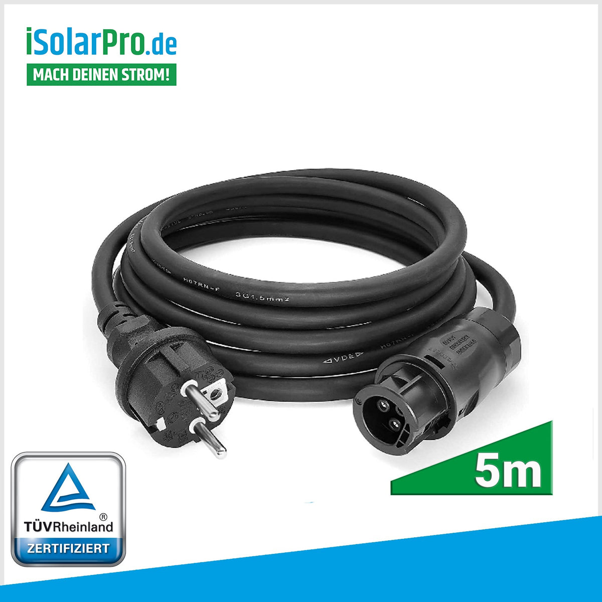 iSolarPro 5 Meter Anschlusskabel mit Schukostecker und TÜV Rheinland Zertifizierung