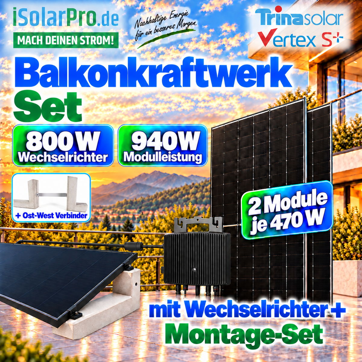 iSolarPro Balkonkraftwerk Set mit Ost-West-Verbinder 800W Wechselrichter 940W Modulleistung Marketing-Banner für Photovoltaik-Systeme