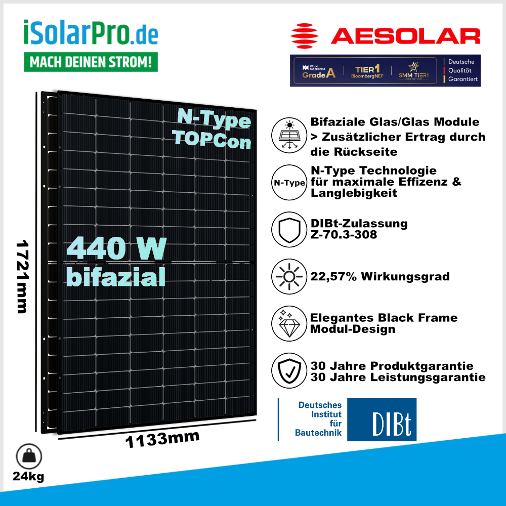 iSolarPro AE SOLAR CMD-108BDS 440W Bifaziales Glas/Glas Solarmodul N-Type TOPCon DIBt-Zulassung Z-70.3-308