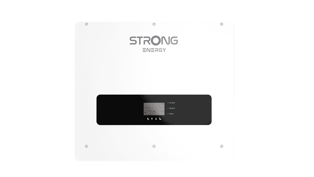 iSolarPro Strong Energy dreiphasiger Hybrid-Wechselrichter Produktansicht mit integriertem Display und Statusanzeigen für Photovoltaik-Systeme