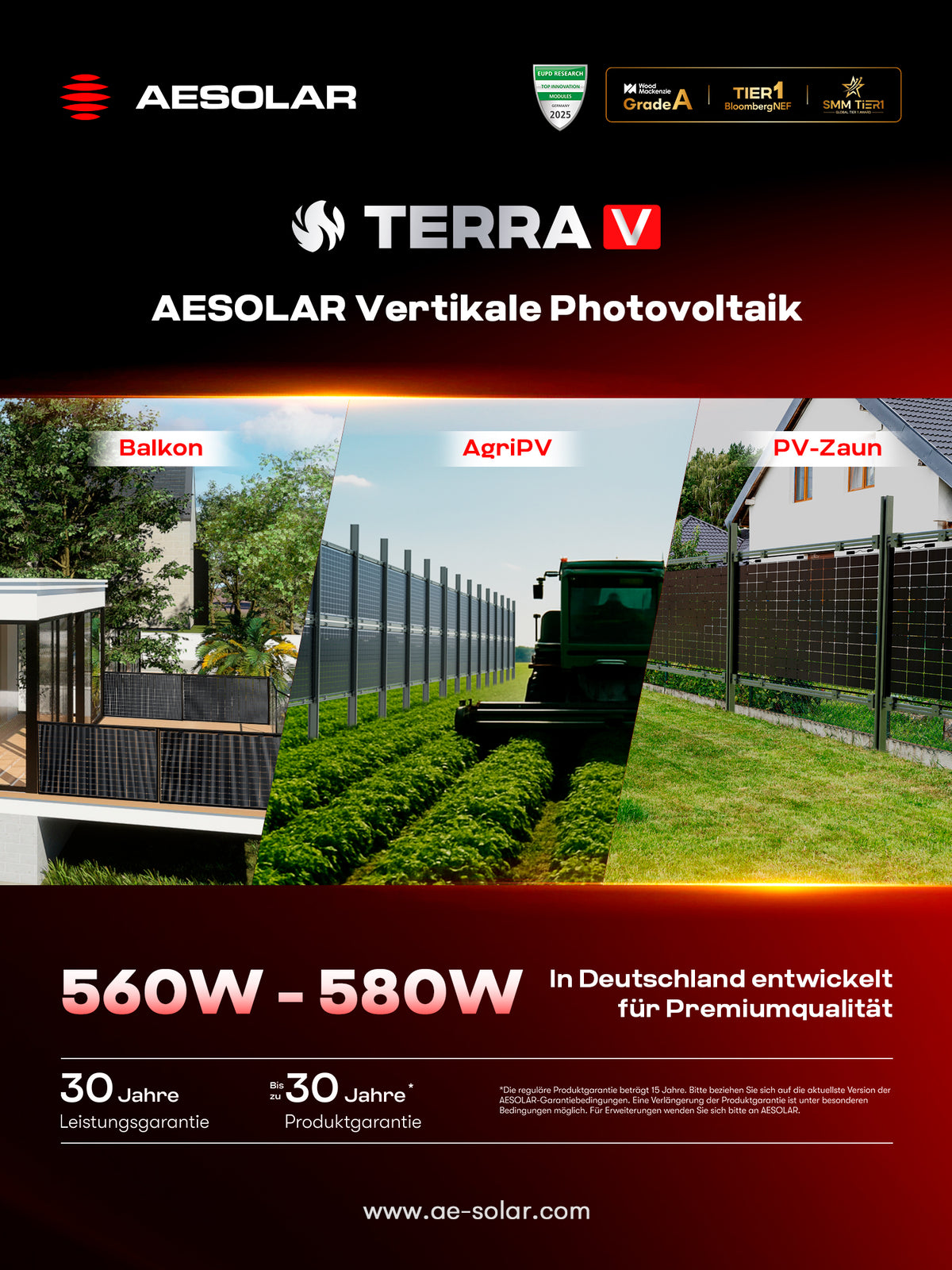 580W AESOLAR Terra V AE CMD-L144BD N-Type TOPCon bifazial Solarmodul für Solarzaun