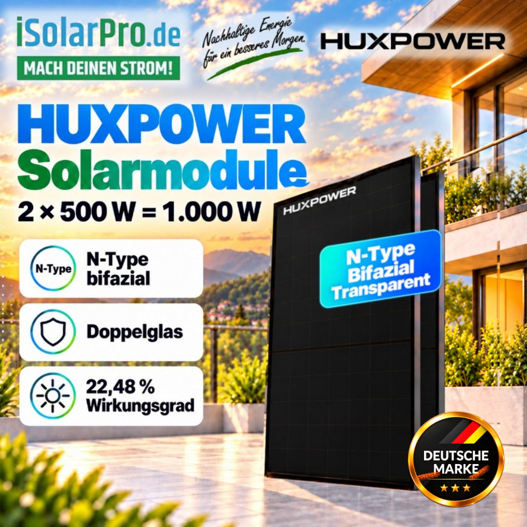 iSolarPro Huxpower Solarmodule 2x 500W = 1000W N-Type Bifazial Doppelglas Marketing-Banner für Photovoltaik-Systeme