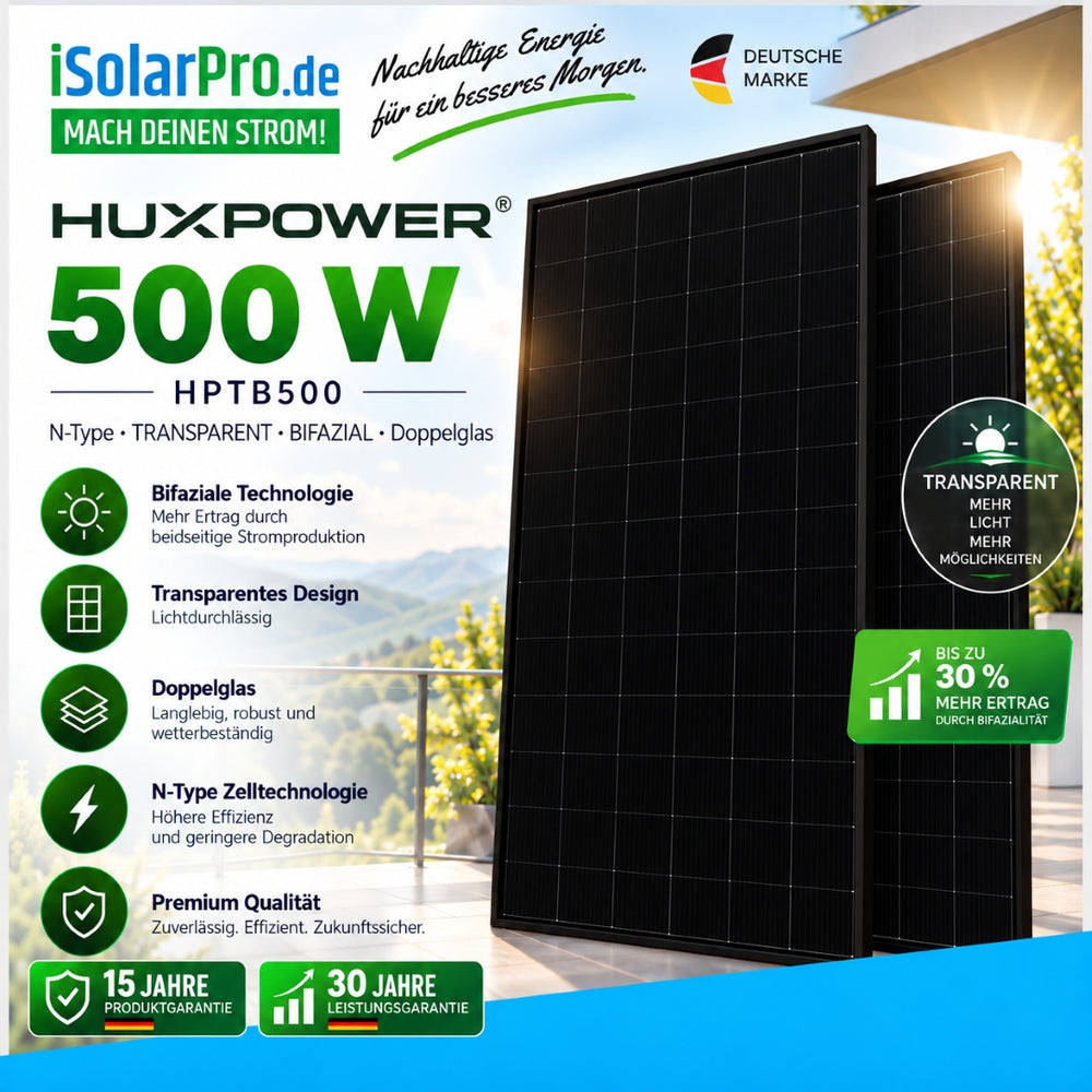500W HUXPOWER® HPTB500 · N-Type · TRANSPARENT · BIFAZIAL · Doppelglas · 1961×1134×30 mm Solarpanel Photovoltaik