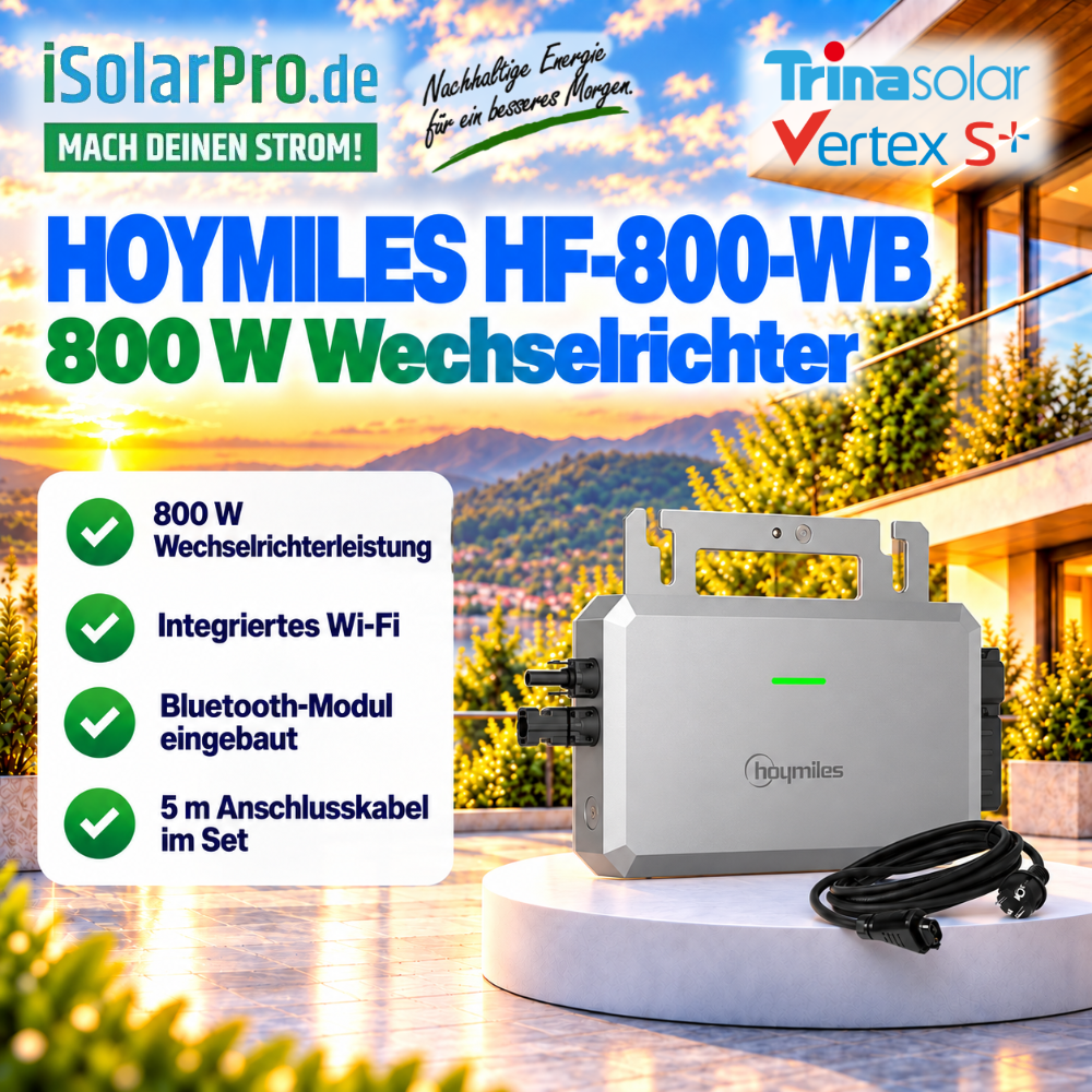 800W | 940Wp Balkonkraftwerk-Set: 2x 470W Trina Vertex S+ Solarmodul + 1x Hoymiles HF-800-WB Mikro Wechselrichter inkl. 5m AC-Kabel + 1x 2m MC-4 Verlängerungsset